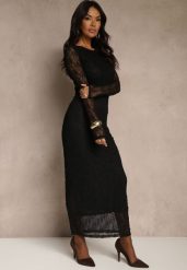 Czarna Koronkowa Sukienka Typu Longsleeve o Dopasowanym Kroju Zenoresa. Czarne sukienki damskie Renee, na imprezę, l, bez wzorów, z koronki, eleganckie, bez kołnierzyka, bez ramiączek, maxi, dopasowane. Za 149.99 zł.
