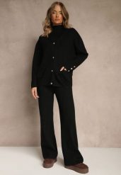Czarny Komplet z Dzianiny z Bawełną Spodnie Kardigan i T-shirt z Golfem Ralonia. Czarne kardigany damskie Renee, bez wzorów, z bawełny, bez kołnierzyka. Za 189.99 zł.