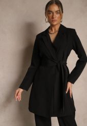 Czarna Marynarka Sukienkowa z Usztywnioną Linią Ramion Wiązana w Talii Equintina. Czarne marynarki i żakiety damskie Renee, bez wzorów, biznesowe, bez kołnierzyka, bez ramiączek. Za 119.99 zł.