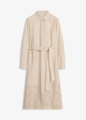 Sukienka szmizjerka z ażurowym haftem. Niebieskie sukienki damskie bonprix, w ażurowe wzory, eleganckie, bez kołnierzyka, bez ramiączek, szmizjerki. Za 119.99 zł.