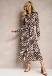 Brązowa Koszulowa Sukienka Midi Ozdobiona Geometrycznym Wzorem i Wiązanym Paskiem Aripel. Brązowe sukienki damskie Renee, l, bez wzorów, z materiału, eleganckie, bez kołnierzyka, bez ramiączek, midi, koszulowe. Za 159.99 zł.