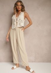 Beżowe Spodnieo Luźnym Fasonie ze Sznurkiem i Gumką w Talii Enivea. Brązowe spodnie materiałowe damskie Renee, bez wzorów, z jeansu, eleganckie. Za 39.99 zł.