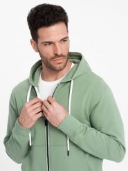Bluza męska dresowa BASIC rozpinana z kapturem - zielona V3. Zielone bluzy męskie Ombre Clothing, m, z aplikacjami, z bawełny, klasyczne, bez ramiączek, z kapturem. W wyprzedaży za 157.49 zł.