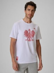 4F Koszulka kibica męska - biała L. Białe koszulki sportowe męskie 4F, l, bez wzorów, z dzianiny, bez ramiączek. Za 79.99 zł.