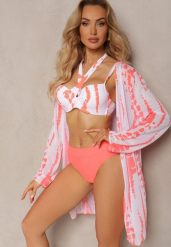 Pomarańczowo-Białe Bikini z Ozdobnym Biustonoszem i Plażową Narzutką w Komplecie Mayamarie. Brązowe bikini Renee, bez wzorów. Za 89.99 zł.