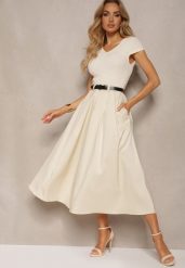 Beżowa Sukienka o Rozkloszowanym Kroju z Krótkim Rękawem i Paskiem z Ekoskóry Frinna. Brązowe sukienki damskie Renee, na co dzień, bez wzorów, eleganckie, bez kołnierzyka, bez ramiączek, midi, rozkloszowane. Za 169.99 zł.
