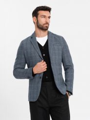 Żakardowa marynarka męska w delikatną kratę - grafitowa V1 - Rozmiar: S. Szare marynarki męskie Ombre Clothing, m, bez wzorów, z materiału, bez kołnierzyka, bez ramiączek. W wyprzedaży za 149.99 zł.