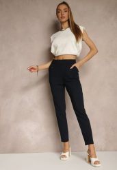 Granatowe Spodnie z Wiskozą High Waist z Ozdobnymi Guzikami Redillia. Niebieskie spodnie materiałowe damskie Renee, bez wzorów, z jeansu, eleganckie, z podwyższonym stanem. Za 59.99 zł.