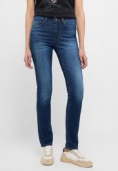 MUSTANG SHELBY SLIM DAMSKIE SPODNIE JEANSOWE JEANSY DŻINSY DENIM BLUE 1015563 5000 802. Niebieskie jeansy damskie Mustang, bez wzorów, z denimu. Za 259.99 zł.