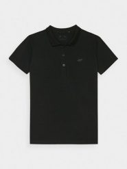 4F Koszulka polo slim damska - czarna XS. Czarne bluzki damskie 4F, xs, bez wzorów, z bawełny, klasyczne, bez kołnierzyka, bez ramiączek. Za 89.99 zł.