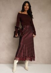 Bordowa Spódnica z Wiskozy High Waist Ozdobiona Kropkami i Koronką Monivia. Czerwone spódnice damskie Renee, na spotkanie biznesowe, bez wzorów, z jeansu, z podwyższonym stanem, maxi. Za 149.99 zł.