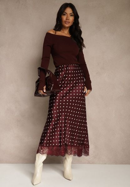 Bordowa Spódnica z Wiskozy High Waist Ozdobiona Kropkami i Koronką Monivia. Czerwone spódnice damskie Renee, na spotkanie biznesowe, bez wzorów, z jeansu, z podwyższonym stanem, maxi. Za 149.99 zł.