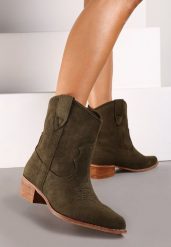 Zielone Kowbojki Botki na Niskim Obcasie z Ekozamszu Vaiyah. Zielone botki damskie Renee, bez wzorów, z jeansu, boho, bez obcasa, na obcasie, bez zapięcia. Za 129.99 zł.