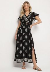 Czarna Sukienka w Ornamentalny Wzór z Elastycznym Paskiem Tosvanna. Czarne sukienki damskie Born2be, na co dzień, l, z aplikacjami, eleganckie, bez kołnierzyka, bez ramiączek, maxi, kopertowe. Za 79.99 zł.