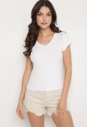 Biały T-shirt z Wiskozą z Prążkowanej Dzianiny Ralendria. Białe t-shirty damskie Born2be, m, z aplikacjami, z dzianiny, klasyczne, bez kołnierzyka, bez ramiączek. Za 29.99 zł.