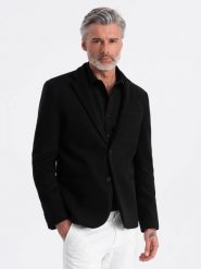 Marynarka męska casual z ozdobnymi guzikami na mankietach - czarna V3 OM-BLZB-0118 - XXL. Czarne garnitury męskie Ombre Clothing, m, bez wzorów, casualowe. W wyprzedaży za 149.99 zł.