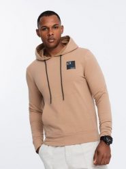 Męska bluza z kapturem kangurka z logotypem – brązowa V3 - Rozmiar: XL. Brązowe bluzy męskie Ombre Clothing, m, bez wzorów, z bawełny, wizytowe, bez ramiączek, z kapturem. W wyprzedaży za 99.99 zł.