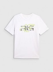4F T-shirt regular z nadrukiem męski 4F x Robert Lewandowski - biały XL. Białe t-shirty męskie 4F, l, bez wzorów, z bawełny, bez kołnierzyka, bez ramiączek. Za 99.99 zł.