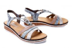 RIEKER V36G4-40 blue combination, sandały damskie. Niebieskie sandały damskie Rieker, bez wzorów, bez obcasa, na koturnie, bez zapięcia. Za 271.92 zł.