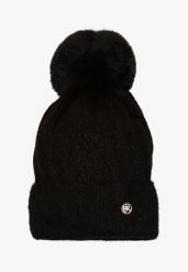 Czarna Czapka z Wiskozą Metaliczną Nicią i Pomponem Berira. Czarne czapki damskie Renee, bez wzorów, z materiału, eleganckie. Za 39.99 zł.