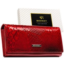 Czerwony portfel damski z lakierowanej skóry naturalnej zamykany na zatrzask Rovicky RPN-24A-RSP. Czerwone portfele damskie ze skóry. Za 71.99 zł.