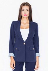 Granatowy Elegancki Żakiet na Jeden Guzik. Niebieskie marynarki i żakiety damskie Figl, bez wzorów, z materiału, eleganckie, bez kołnierzyka, bez ramiączek. Za 319.00 zł.