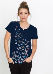 T-shirt z nadrukiem motyli. Niebieskie t-shirty damskie bonprix, bez wzorów, bez kołnierzyka, bez ramiączek. Za 64.99 zł.
