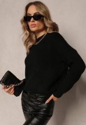 Czarny Sweter Golf z Prążkowanej Dzianiny Ervanna. Czarne swetry nierozpinane damskie Renee, bez wzorów, z dzianiny, bez kołnierzyka, bez ramiączek. Za 69.99 zł.