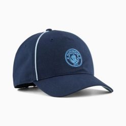 Czapka z daszkiem unisex Puma MCFC KING granatowa 02650204. Niebieskie czapki damskie Puma, bez wzorów, z bawełny, sportowe. Za 92.08 zł.