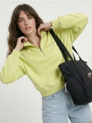 Bluza half-zip z haftowanym napisem z bawełną - zielony. Zielone bluzy damskie Sinsay, l, bez wzorów, z bawełny, bez ramiączek, bez kaptura. Za 49.99 zł.