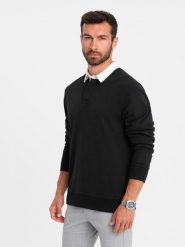 Bluza męska z białym kołnierzykiem polo - czarna V6 - Rozmiar: M. Czarne bluzy męskie Ombre Clothing, m, bez wzorów, z bawełny, bez ramiączek, bez kaptura. W wyprzedaży za 59.99 zł.