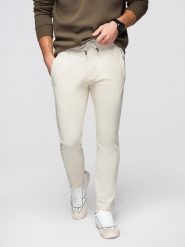 Męskie bawełniane spodnie dresowe BASIC z nogawką bez ściągacza - kremowe V11 - Rozmiar: XL. Białe spodnie materiałowe męskie Ombre Clothing, z aplikacjami, z bawełny. W wyprzedaży za 118.99 zł.