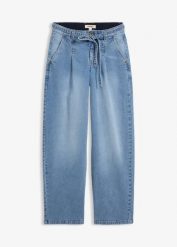 Dżinsy typu barrel, mid waist. Niebieskie jeansy damskie bonprix, bez wzorów, z jeansu. Za 147.99 zł.