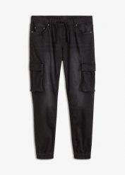 Jeansy dresowe z kieszeniami cargo, slim fit, straight, z gumką w talii. Czarne jeansy męskie bonprix, z dresówki. Za 169.99 zł.