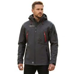 Męska Kurtka Soft Shell Techno. Szare kurtki męskie Geographical Norway, m, z aplikacjami, z elastanu, z kapturem, trekkingowe. Za 249.00 zł.