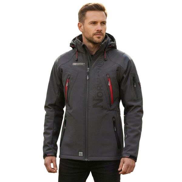 Męska Kurtka Soft Shell Techno. Szare kurtki męskie Geographical Norway, m, z aplikacjami, z elastanu, z kapturem, trekkingowe. Za 249.00 zł.