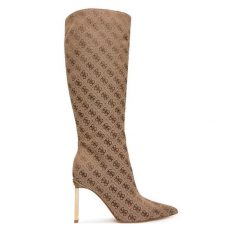 Kozaki Guess. Brązowe kozaki damskie Guess, z aplikacjami, bez obcasa, na szpilce, bez zapięcia. Za 824.99 zł.
