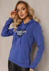 Niebieska Bluza Kangurka Ocieplona Polarem z Ozdobnym Nadrukiem Elili. Niebieskie bluzy damskie Renee, l, bez wzorów, z jeansu, casualowe, bez ramiączek, bez kaptura. Za 79.99 zł.