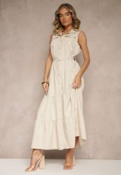 Beżowa Sukienka Koszulowa z Ozdobnymi Guzikami i Paskiem Maviosa. Brązowe sukienki damskie Renee, na co dzień, l, z aplikacjami, eleganckie, bez kołnierzyka, bez ramiączek, maxi, koszulowe. Za 99.99 zł.