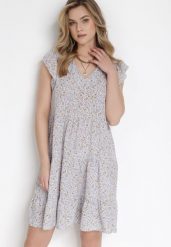 Szaro-Fioletowa Sukienka Orinilla. Szare sukienki damskie Born2be, l, w ażurowe wzory, klasyczne, bez kołnierzyka, bez ramiączek, mini, rozkloszowane. Za 29.99 zł.