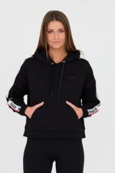 MOSCHINO Czarna bluza z kapturem i lampasami. Czarne bluzy damskie MOSCHINO, s, bez wzorów, bez ramiączek, z kapturem. W wyprzedaży za 699.99 zł.