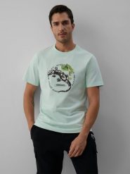 4F T-shirt regular z nadrukiem męski - turkusowy M. Niebieskie koszulki sportowe męskie 4F, m, bez wzorów, z bawełny, bez ramiączek. Za 69.99 zł.