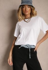 Biały Bawełniany Basicowy T-shirt Lorseli. Białe t-shirty damskie Renee, bez wzorów, z bawełny, eleganckie, bez kołnierzyka, bez ramiączek. Za 44.99 zł.