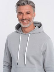 Męska bluza dresowa kangurka z kapturem - szara V8 OM-SSBN-0177 - XXL. Szare bluzy męskie Ombre Clothing, l, z aplikacjami, z bawełny, z kapturem. Za 77.99 zł.