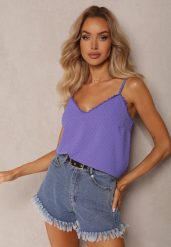 Fioletowy Top na Ramiączkach z Ozdobną Koronką Otoro. Fioletowe topy damskie Renee, l, bez wzorów, z koronki, bez kołnierzyka, bez ramiączek. Za 44.99 zł.
