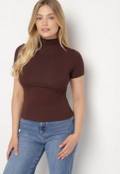 Brązowy Dopasowany T-shirt z Wiskozy z Golfem Isovera. Brązowe t-shirty damskie Born2be, m, z aplikacjami, z materiału, biznesowe, bez kołnierzyka, bez ramiączek. Za 49.99 zł.