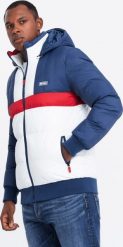 Kurtka męska Ombre Kolorowa sportowa kurtka męska w stylu retro niebiesko-biała V1 OM-JALP-0175 S. Białe kurtki sportowe męskie Ombre, m, bez wzorów, bez kaptura. Za 289.99 zł.