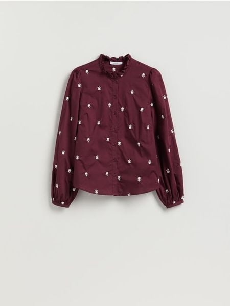 Koszula z haftowanym wzorem - bordowy. Czerwone koszule damskie Reserved, l, bez wzorów, z bawełny, bez kołnierzyka, bez ramiączek. Za 149.99 zł.