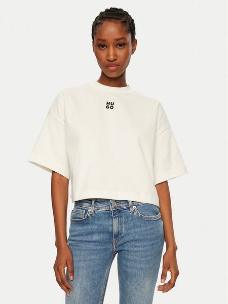 HUGO T-Shirt Cropped Tee 50517790 Écru Relaxed Fit. T-shirty damskie Hugo, l, bez wzorów, z bawełny, bez kołnierzyka, bez ramiączek. Za 189.99 zł.