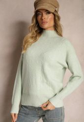 Miętowy Golf Sweter z Tłoczeniem i Ściągaczami Melovira. Zielone swetry nierozpinane damskie Renee, na zimę, bez wzorów, bez kołnierzyka, bez ramiączek. Za 99.99 zł.